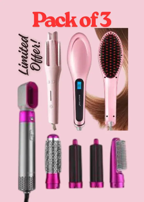 ✨ 3-in-1 Hair Styling Pack (Automatic Curling Iron + Brush Straightener + Hot Air Brush 5-in-1)